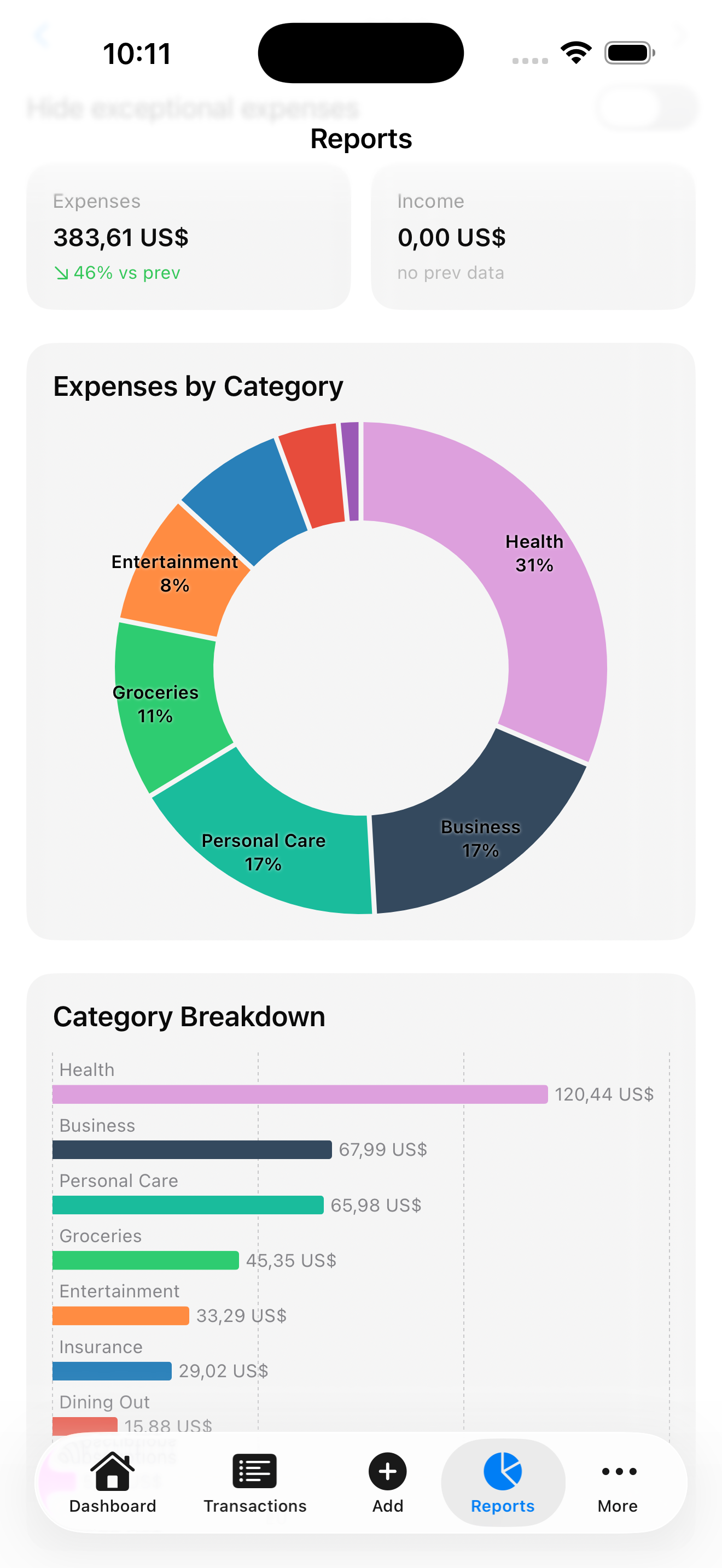 KashLog reports with category breakdown and period comparison