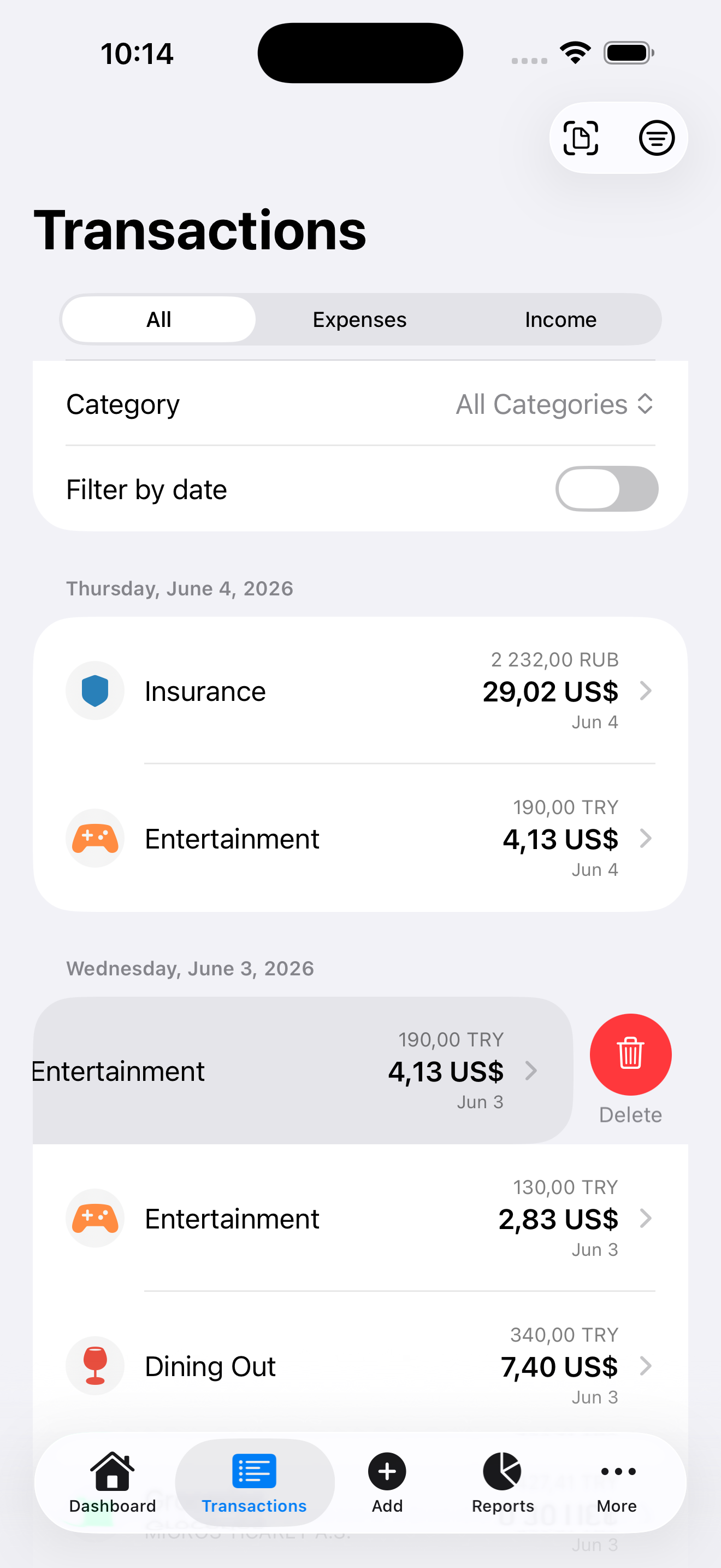 KashLog transaction list with categories