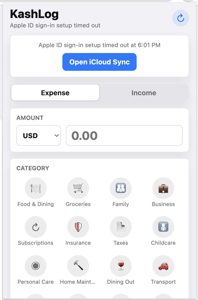 KashLog Chrome extension add transaction