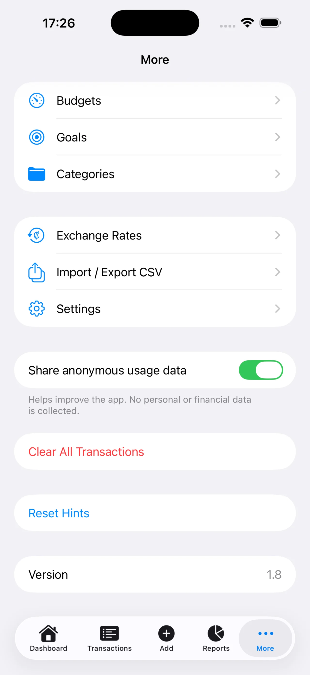 KashLog settings on iPhone