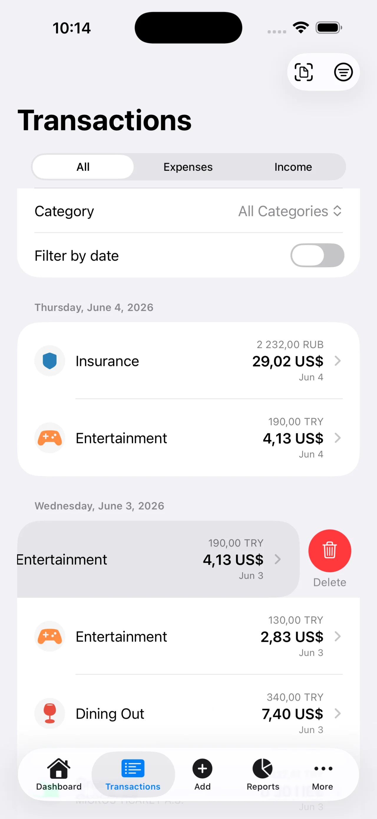 KashLog transactions on iPhone